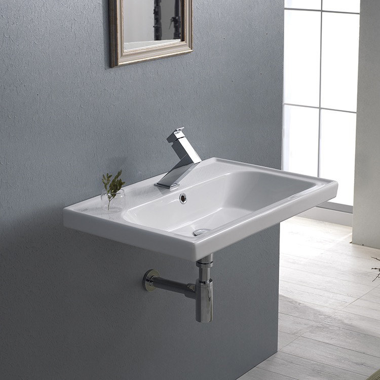 Glossy White Ceramic Rectangular Wall-Mount Bathroom Sink with Overflow