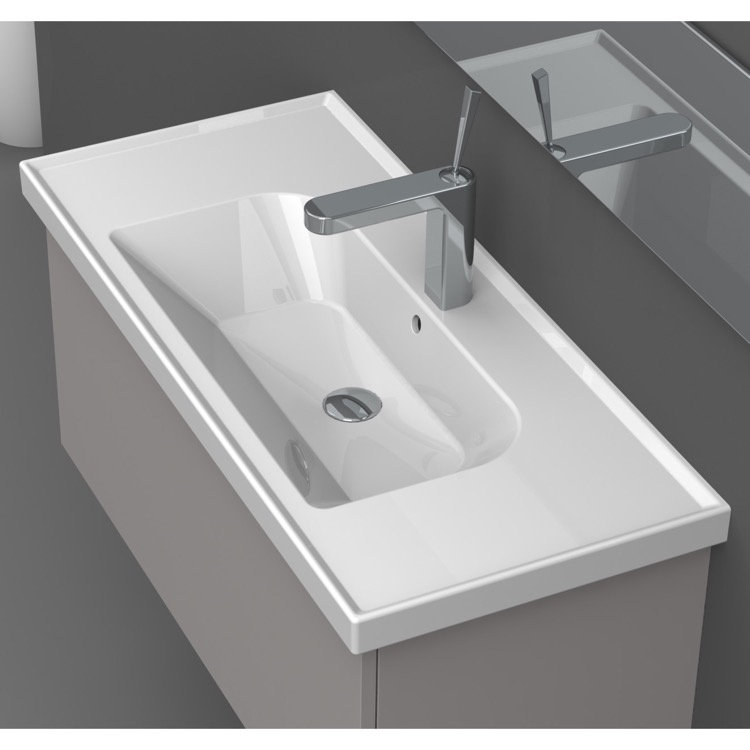 Glossy White Ceramic Rectangular Wall-Mount Bathroom Sink