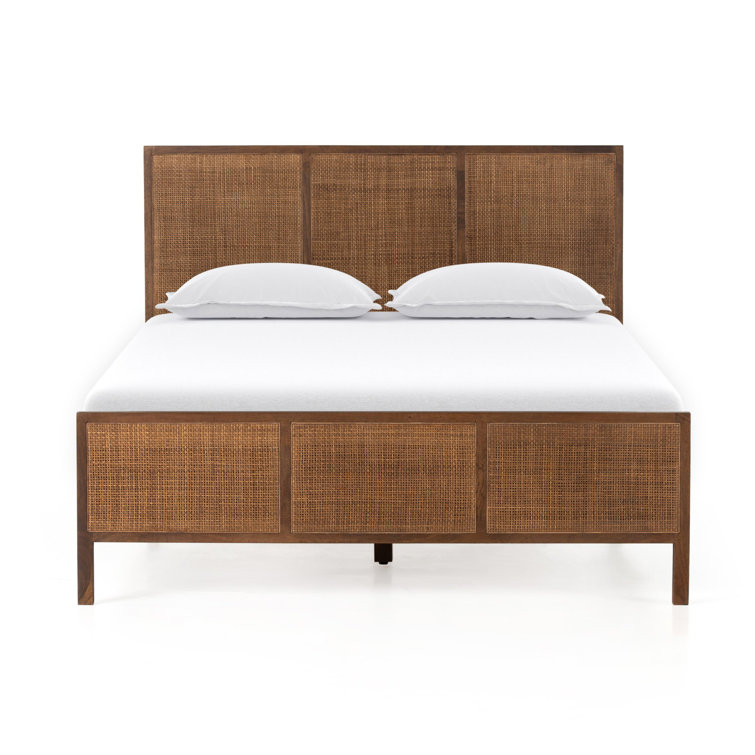 King Brown Mango Wood Panel Bed with Cane Headboard