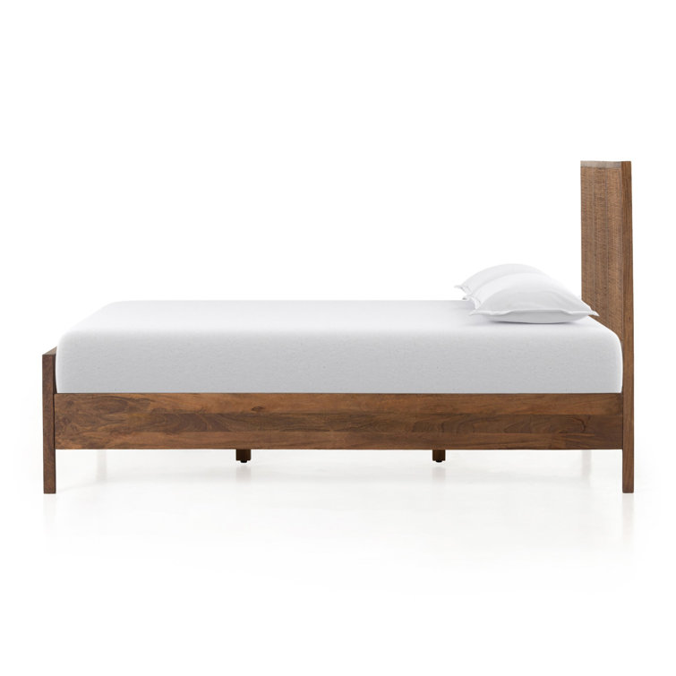 Brown Wash Queen Wood Panel Bed with Woven Cane Headboard