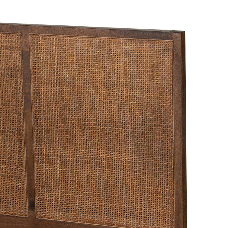 Brown Wash Queen Wood Panel Bed with Woven Cane Headboard