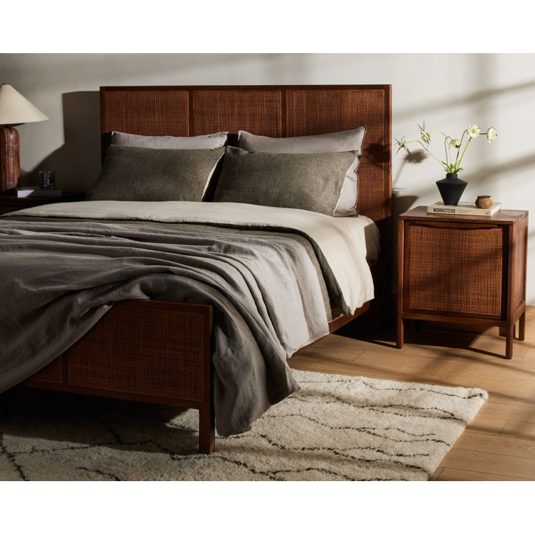 Brown Wash Queen Wood Panel Bed with Woven Cane Headboard