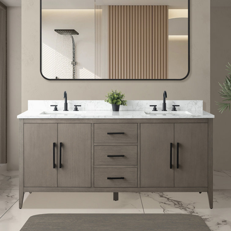 72'' Driftwood Gray Double Sink Bathroom Vanity with Marble Top