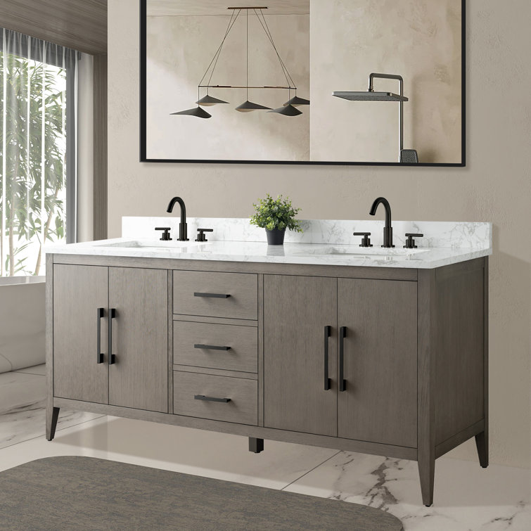 72'' Driftwood Gray Double Sink Bathroom Vanity with Marble Top