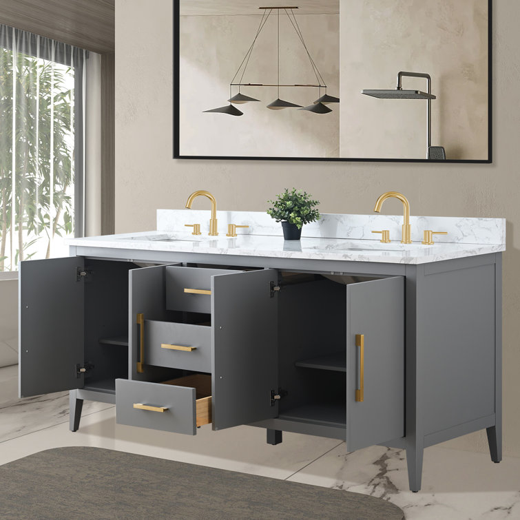 72'' Cashmere Gray Double Bathroom Vanity with Engineered Marble Top
