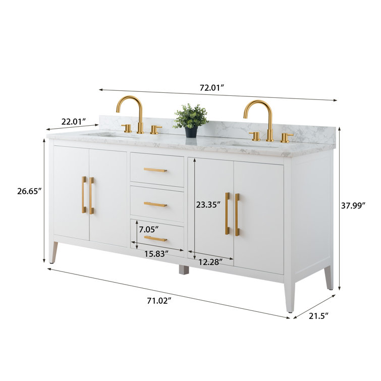 72'' White Poplar Double Sink Bathroom Vanity with Marble Top