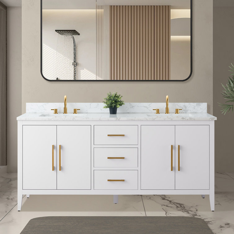 72'' White Poplar Double Sink Bathroom Vanity with Marble Top