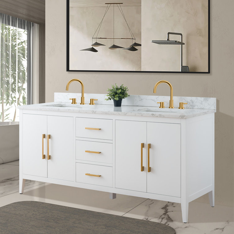 72'' White Poplar Double Sink Bathroom Vanity with Marble Top