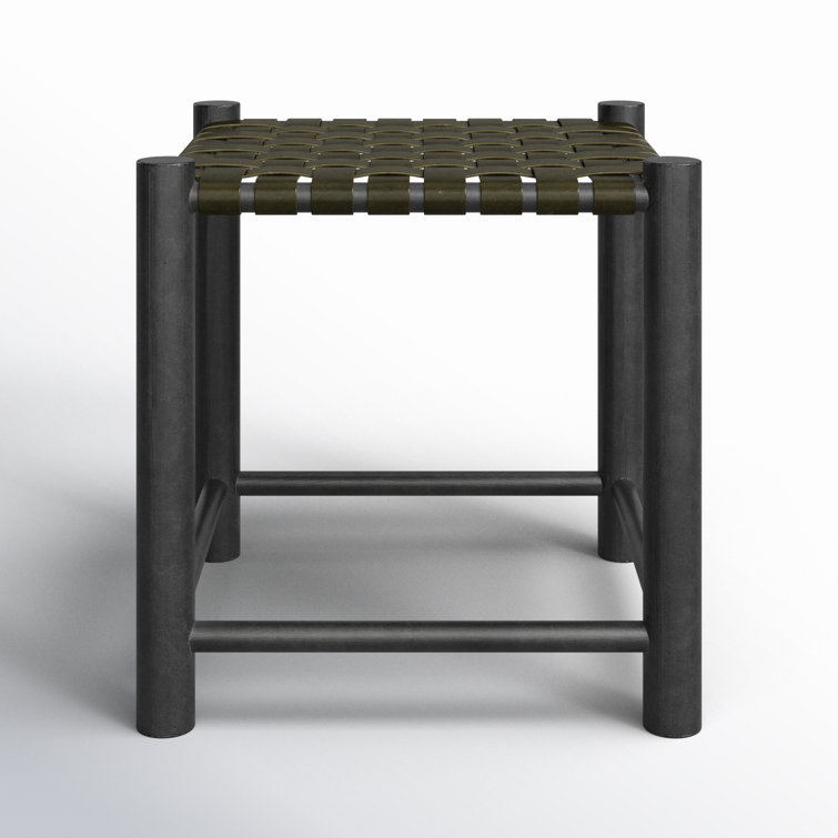Olive Green Genuine Leather and Solid Wood Accent Stool
