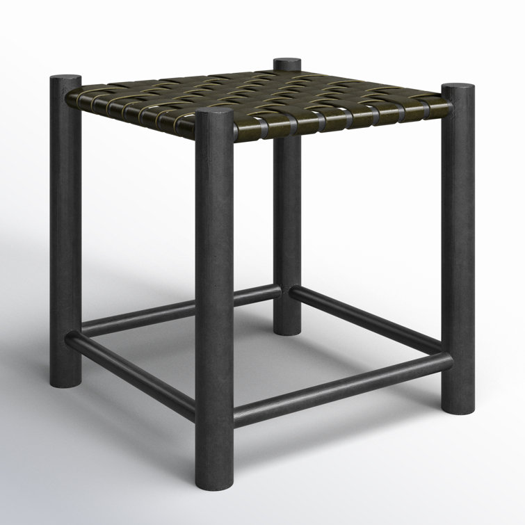 Olive Green Genuine Leather and Solid Wood Accent Stool