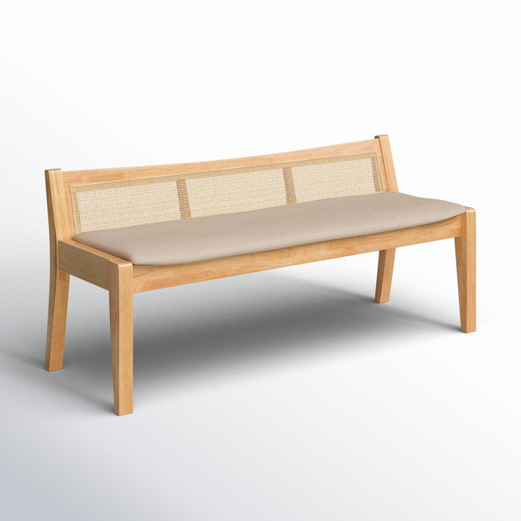 Elegant Natural Wood and Beige Linen Storage Bench with Rattan Back