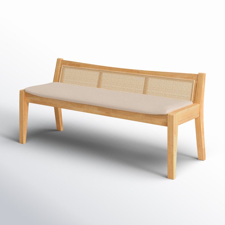 Elegant Natural Wood and Beige Linen Storage Bench with Rattan Back