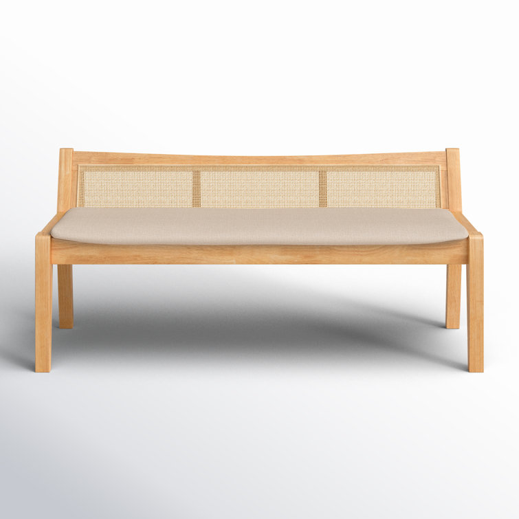 Elegant Natural Wood and Beige Linen Storage Bench with Rattan Back