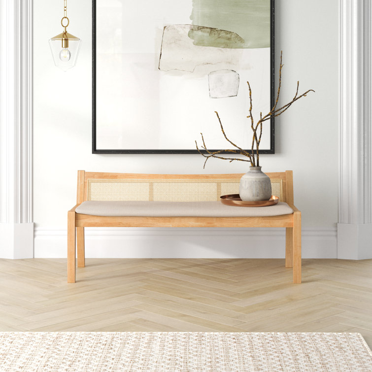 Elegant Natural Wood and Beige Linen Storage Bench with Rattan Back