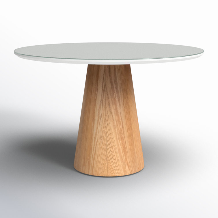Round Glass Top Pedestal Dining Table with Wood Base