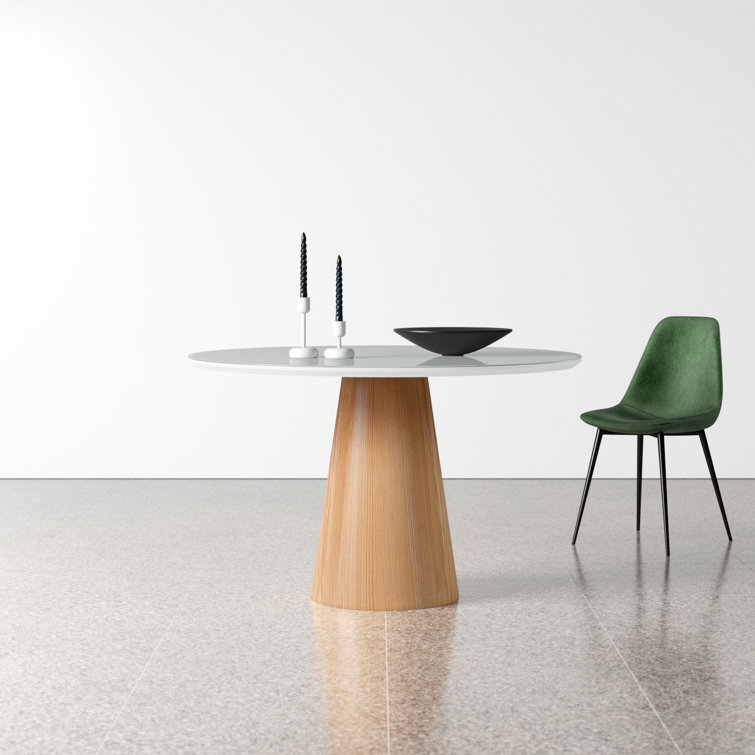Round Glass Top Pedestal Dining Table with Wood Base