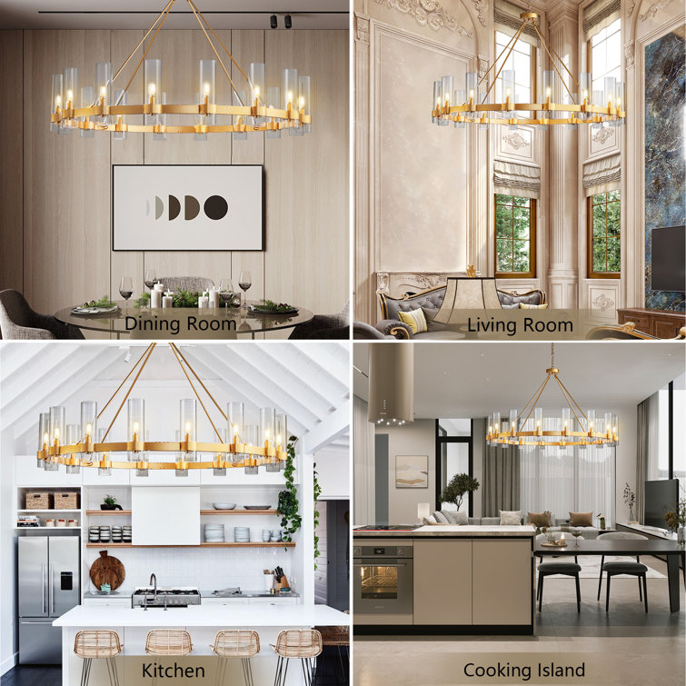 Gold 48'' Glass Shade Wagon Wheel Chandelier