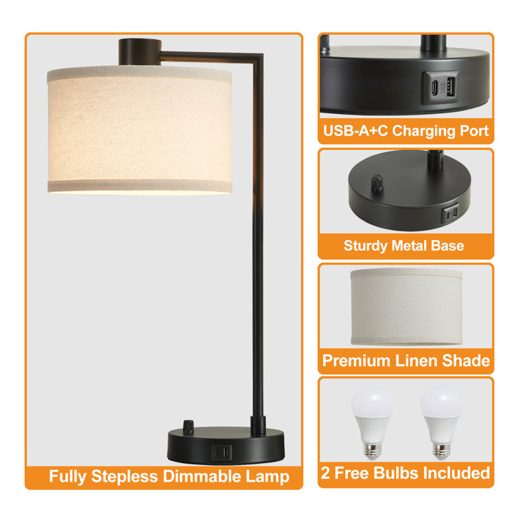 Black Iron Table Lamp Set with USB Ports and Linen Shades