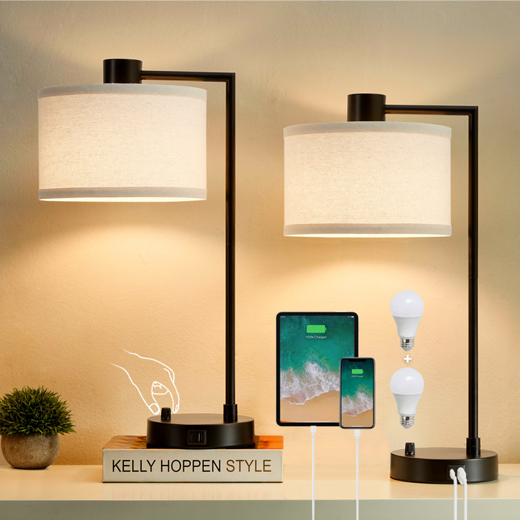 Black Iron Table Lamp Set with USB Ports and Linen Shades