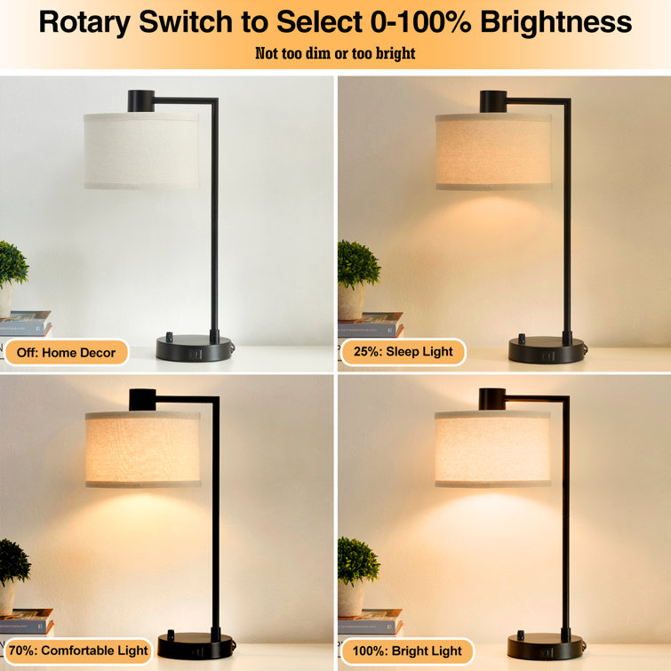 Black Iron Table Lamp Set with USB Ports and Linen Shades