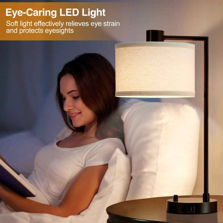 Black Iron Table Lamp Set with USB Ports and Linen Shades
