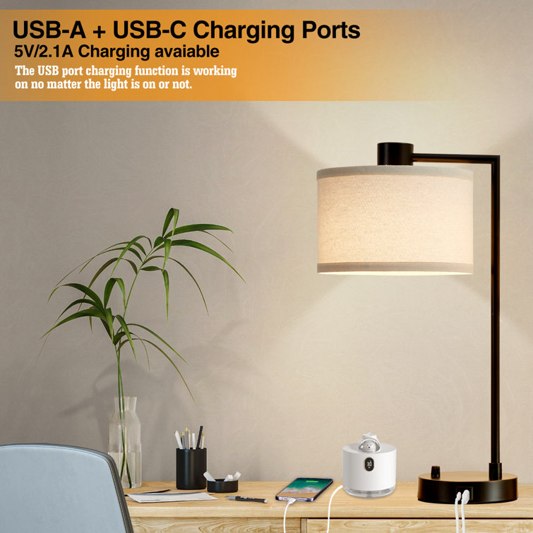 Black Iron Table Lamp Set with USB Ports and Linen Shades
