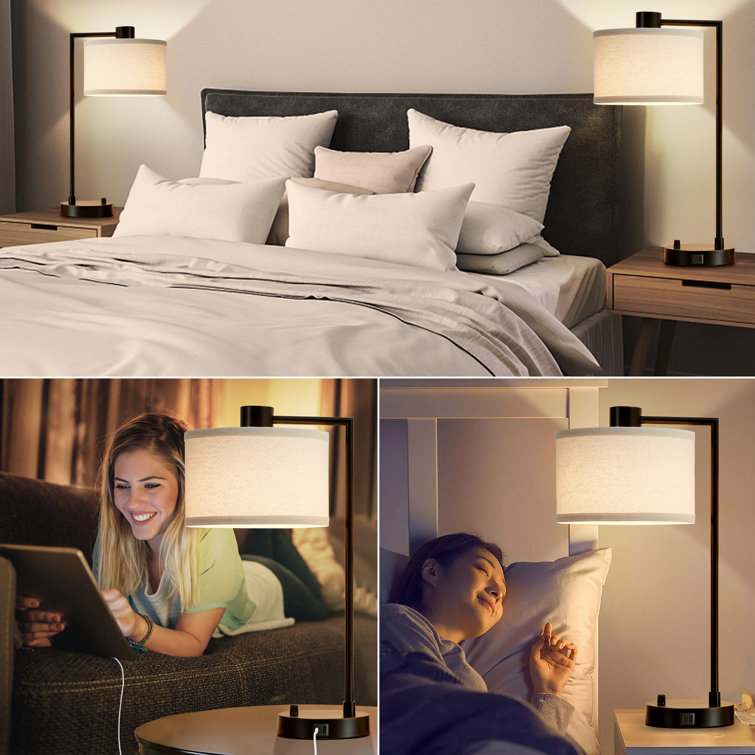 Black Iron Table Lamp Set with USB Ports and Linen Shades
