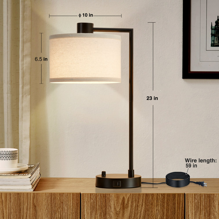 Black Iron Table Lamp Set with USB Ports and Linen Shades