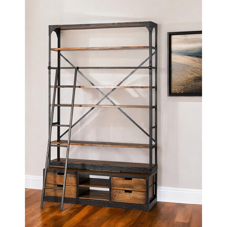 Brodie Dark Brown Wood Bookshelf with Sliding Ladder