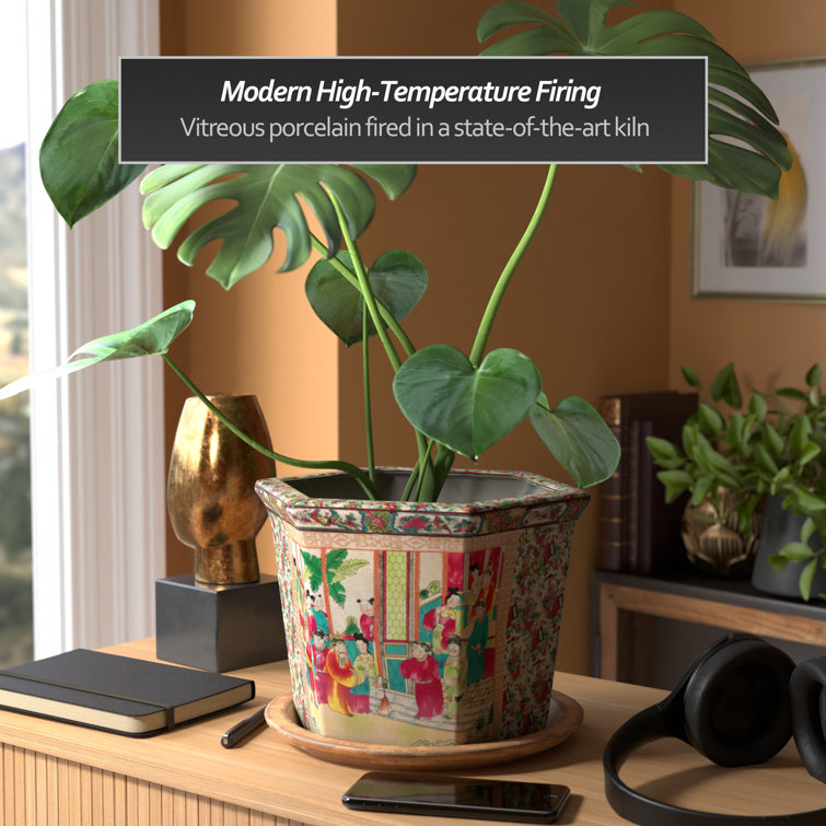 Medium Hexagonal Rose Medallion Porcelain Flower Pot