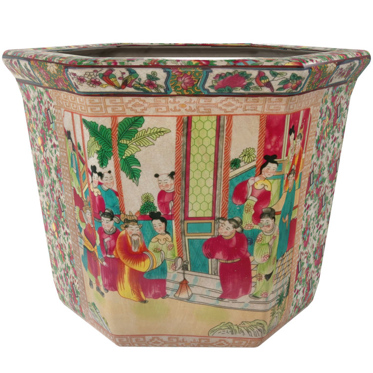 Medium Hexagonal Rose Medallion Porcelain Flower Pot