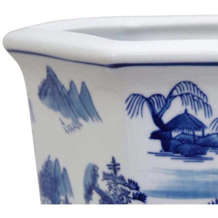 Classic Blue & White Porcelain Landscape Planter - 9x10"