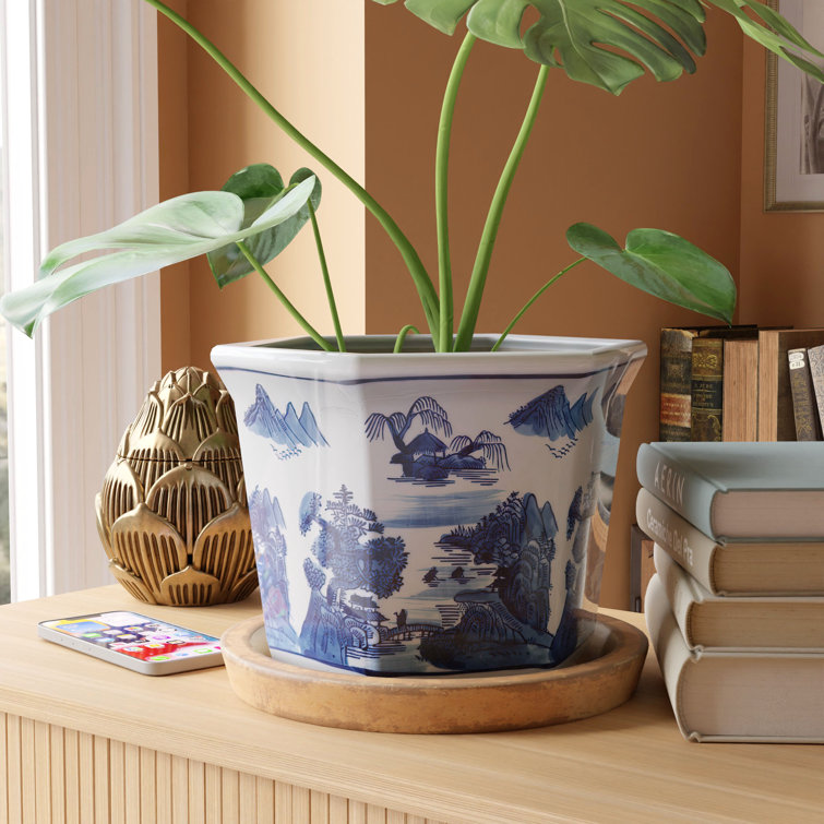 Classic Blue & White Porcelain Landscape Planter - 9x10"