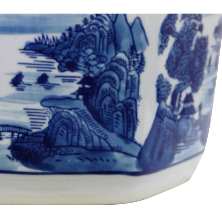 Classic Blue & White Porcelain Landscape Planter - 9x10"