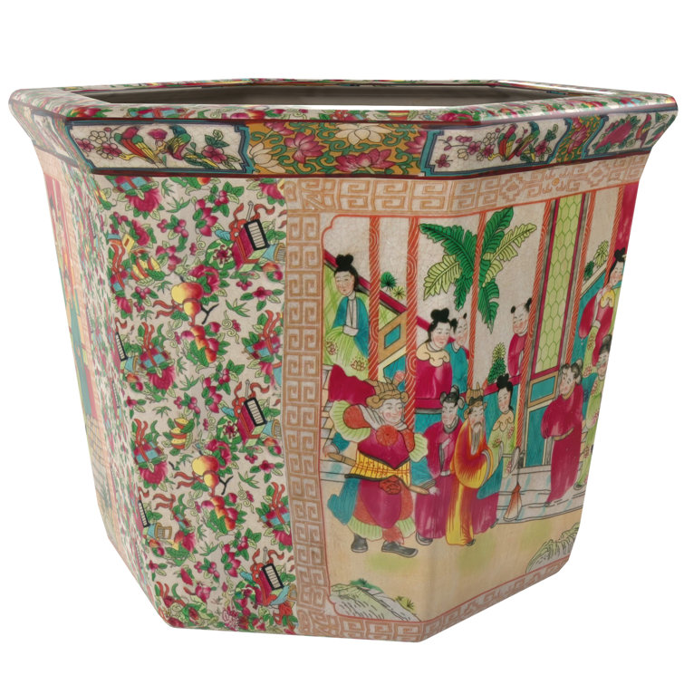 Medium Hexagonal Rose Medallion Porcelain Flower Pot