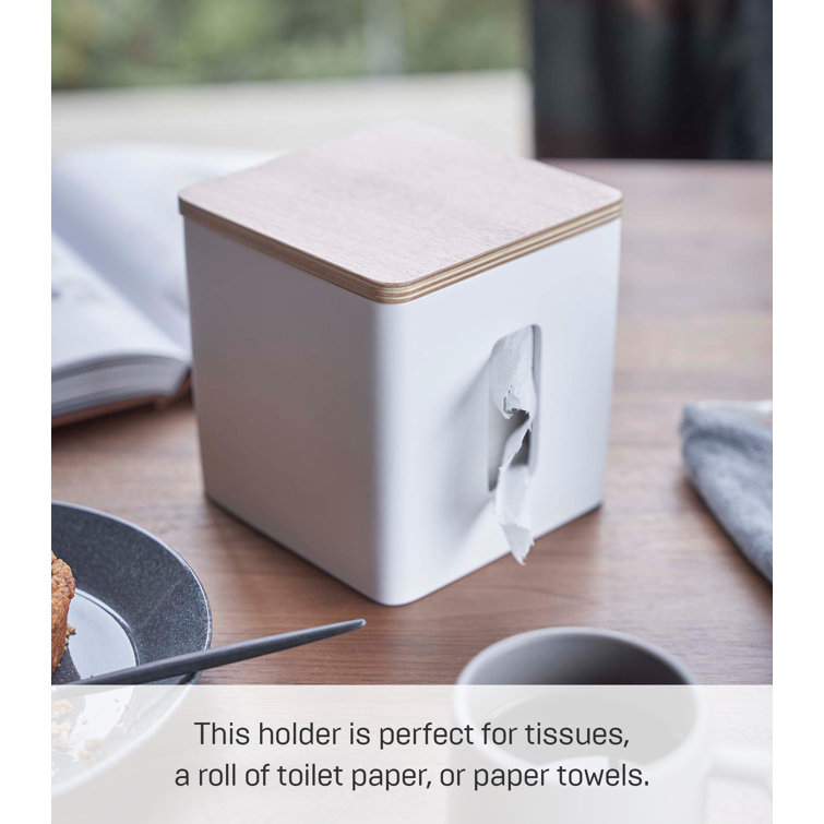 White Compact Discreet Paper Holder with Wood Accent