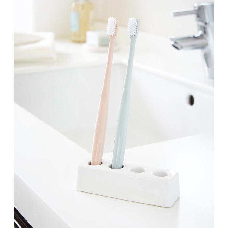 White Ceramic Toothbrush Stand with Wood Accents