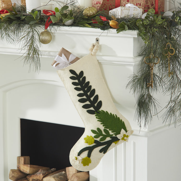 Hand Felted Wool Christmas Stocking with Green Leaves on Cream