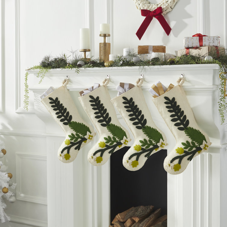 Hand Felted Wool Christmas Stocking with Green Leaves on Cream