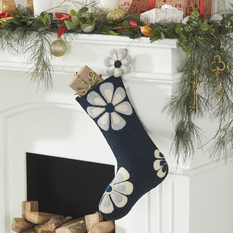 Handmade Navy and Ivory Wool Flower Power Christmas Stocking