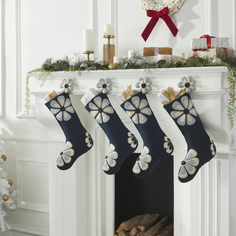 Handmade Navy and Ivory Wool Flower Power Christmas Stocking