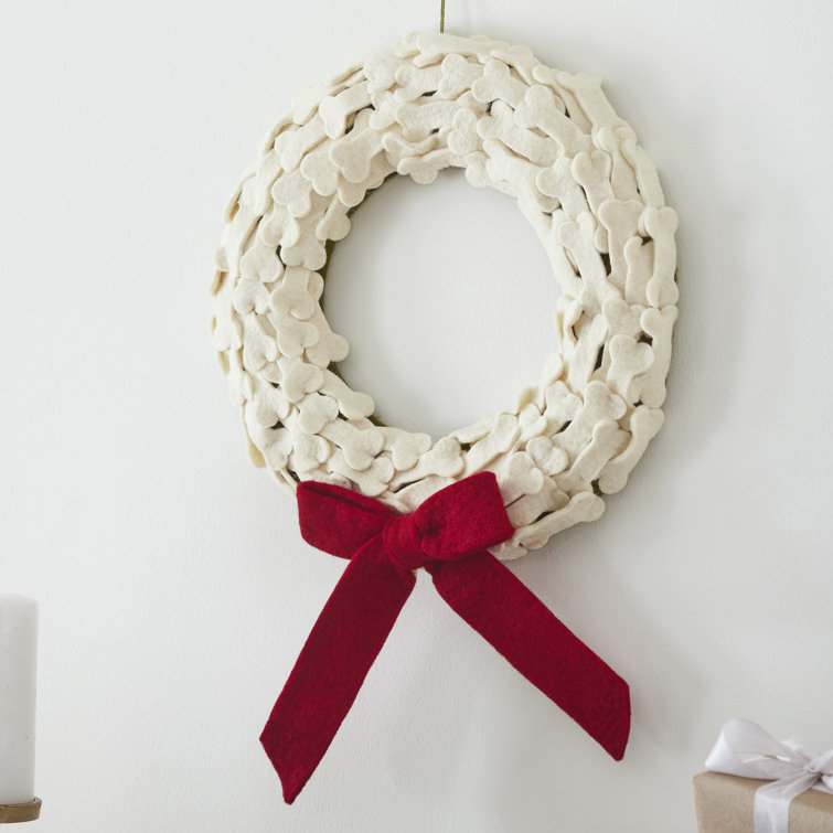 Handmade Cream Wool Dog Bone Wreath with Red Bow - 14"