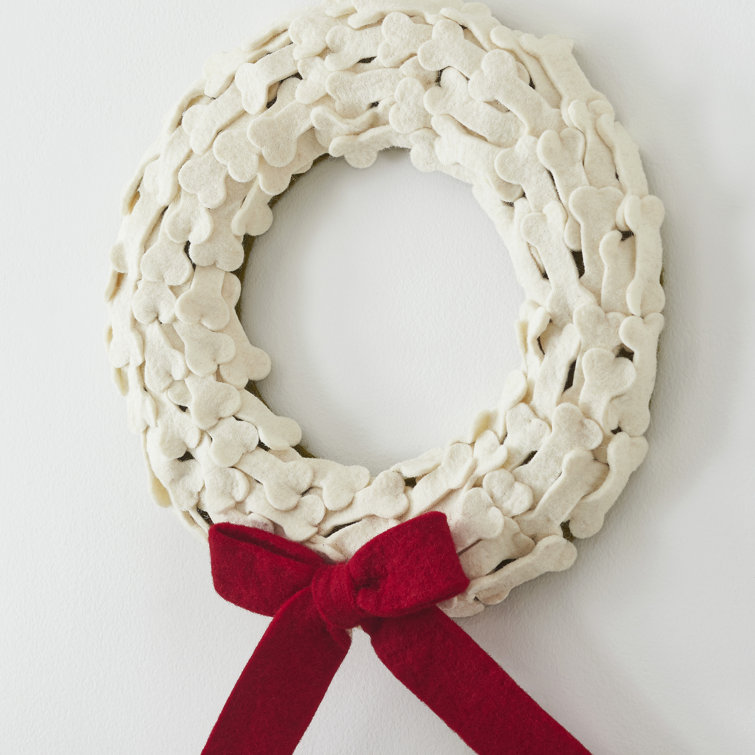 Handmade Cream Wool Dog Bone Wreath with Red Bow - 14"