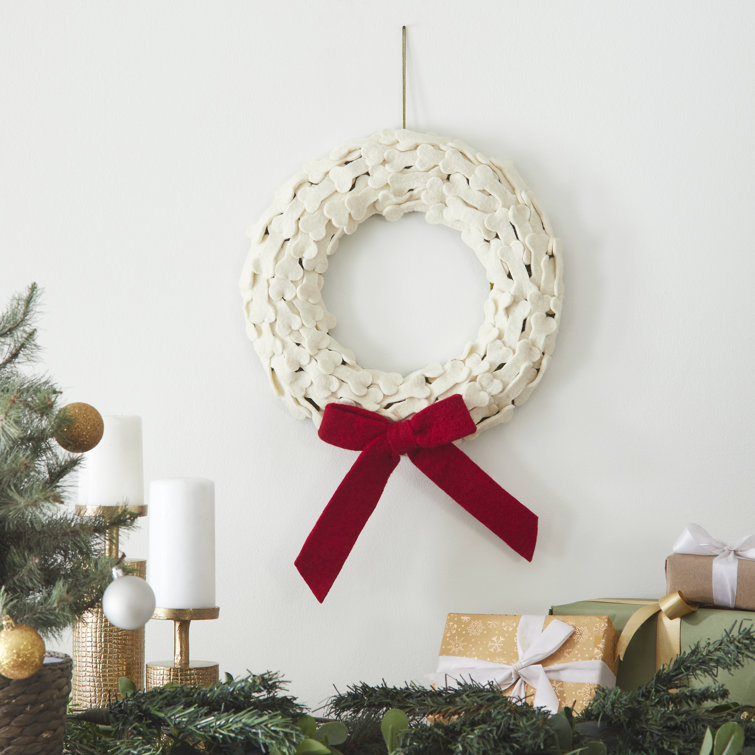 Handmade Cream Wool Dog Bone Wreath with Red Bow - 14"