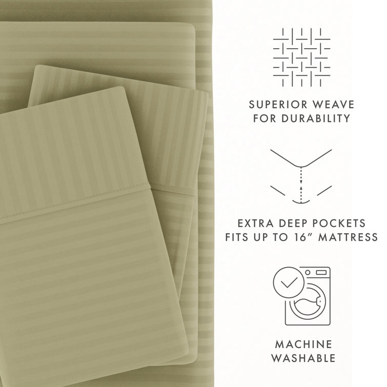 Sage Green Striped Queen Cotton Microfiber Sheet Set