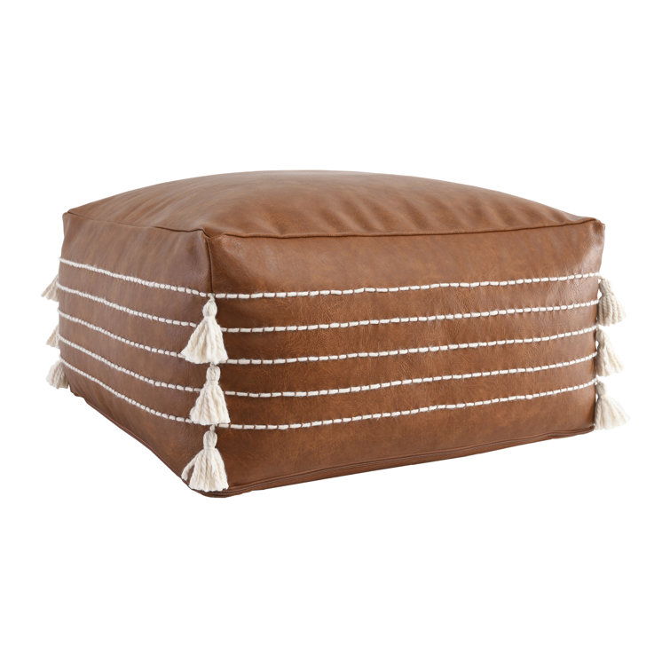 Brown Vegan Leather Pouf with Tassels