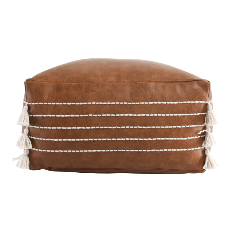 Brown Vegan Leather Pouf with Tassels