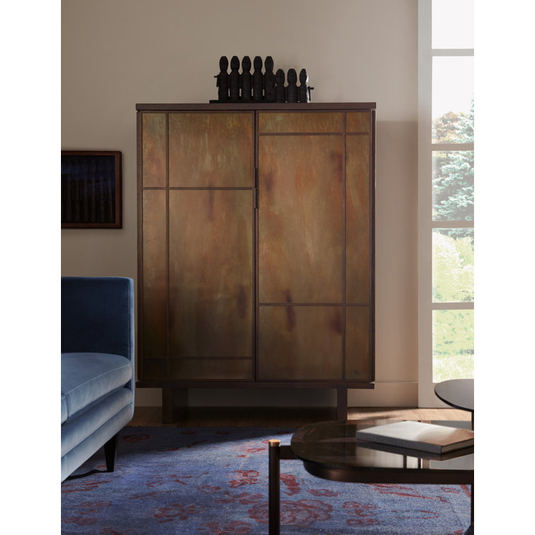 Oak and Metal Sliding Door Bar Cabinet with Glass Shelves