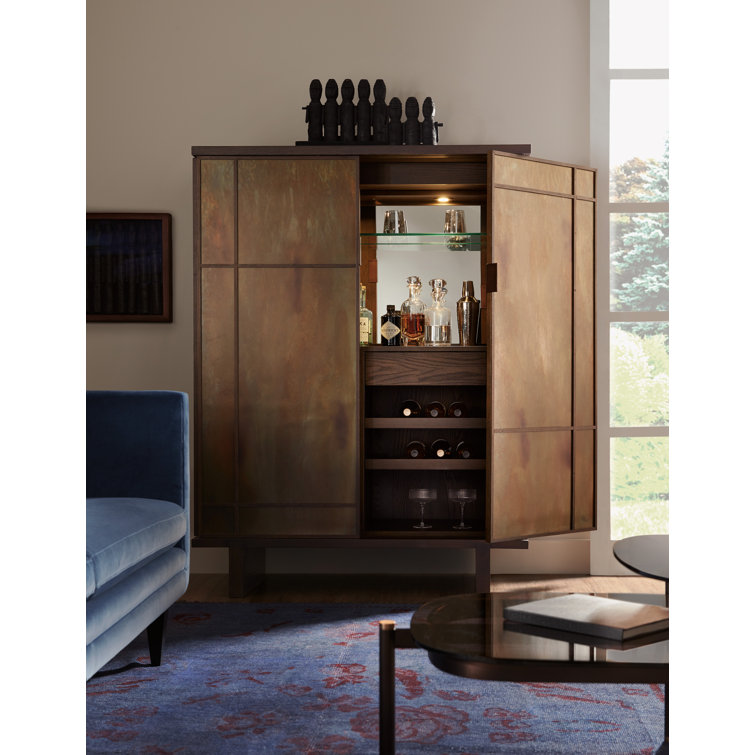 Oak and Metal Sliding Door Bar Cabinet with Glass Shelves