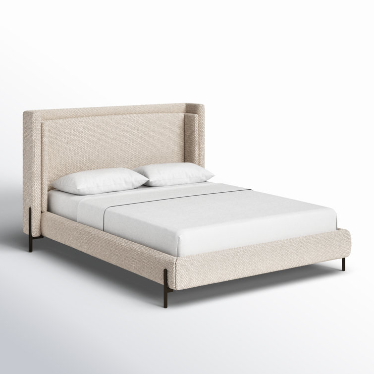 Queen Gunmetal and Oatmeal Upholstered Metal Bed with Slats